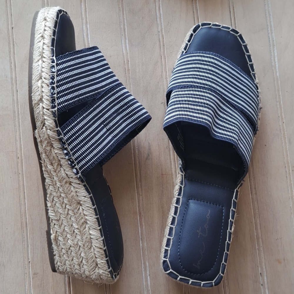 Me Too Cayman Navy Striped Wedge Slip-on Sandals Comfort Stretch Band Espadrille